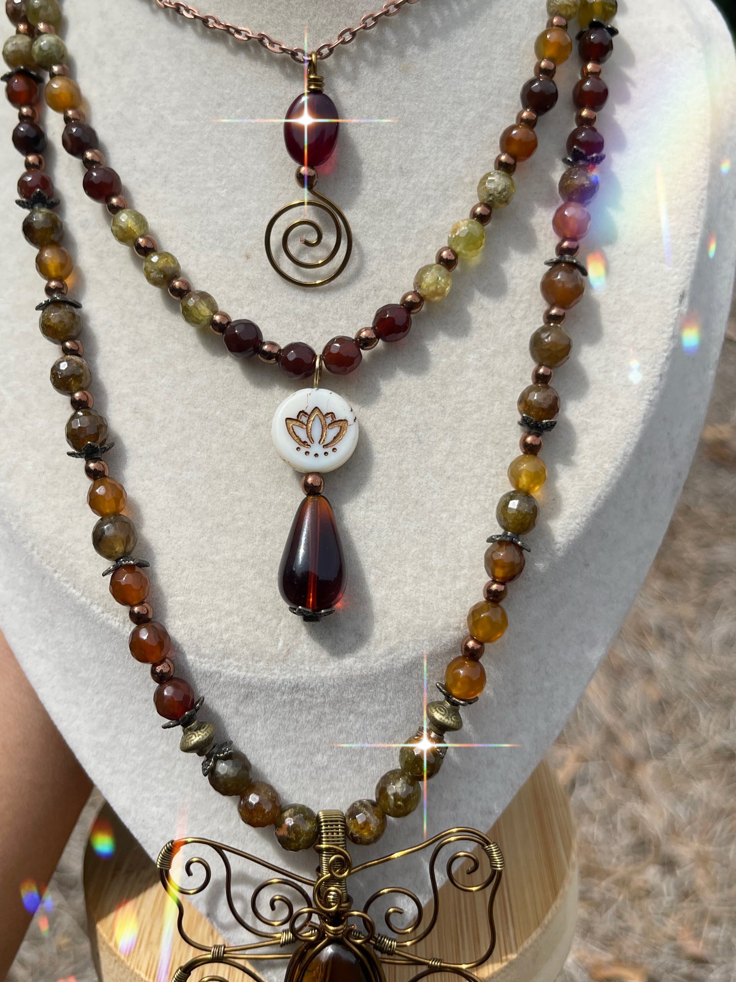 Sierra • Honey Agate + Green Garnet Luna Moth 3-Stack