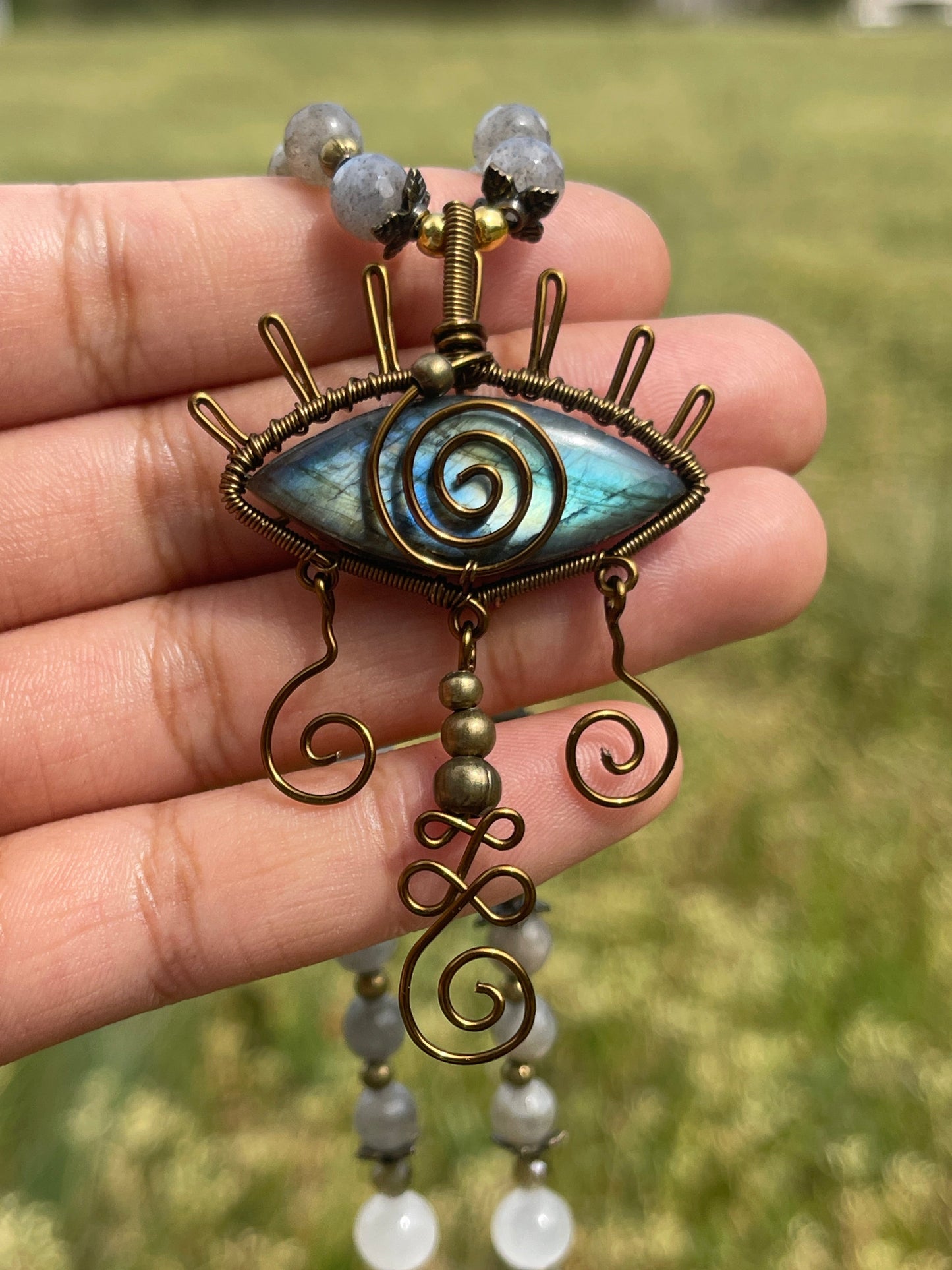 Labradorite, Moonstone + Green Garnet Eye Necklace