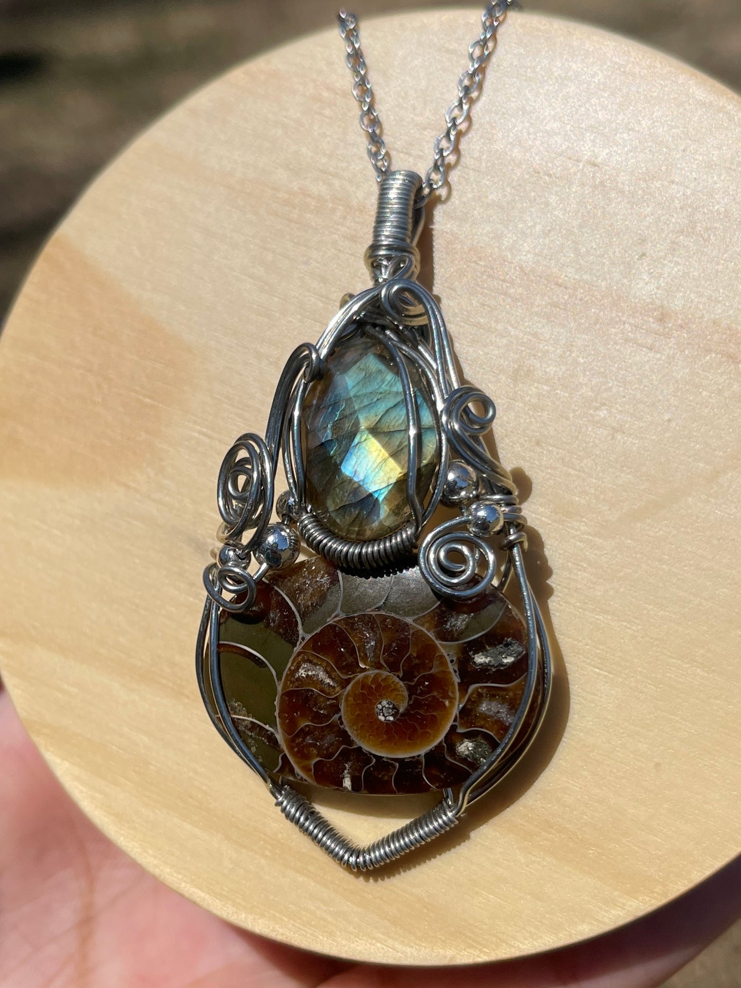 Faceted Labradorite + Ammonite Pendant