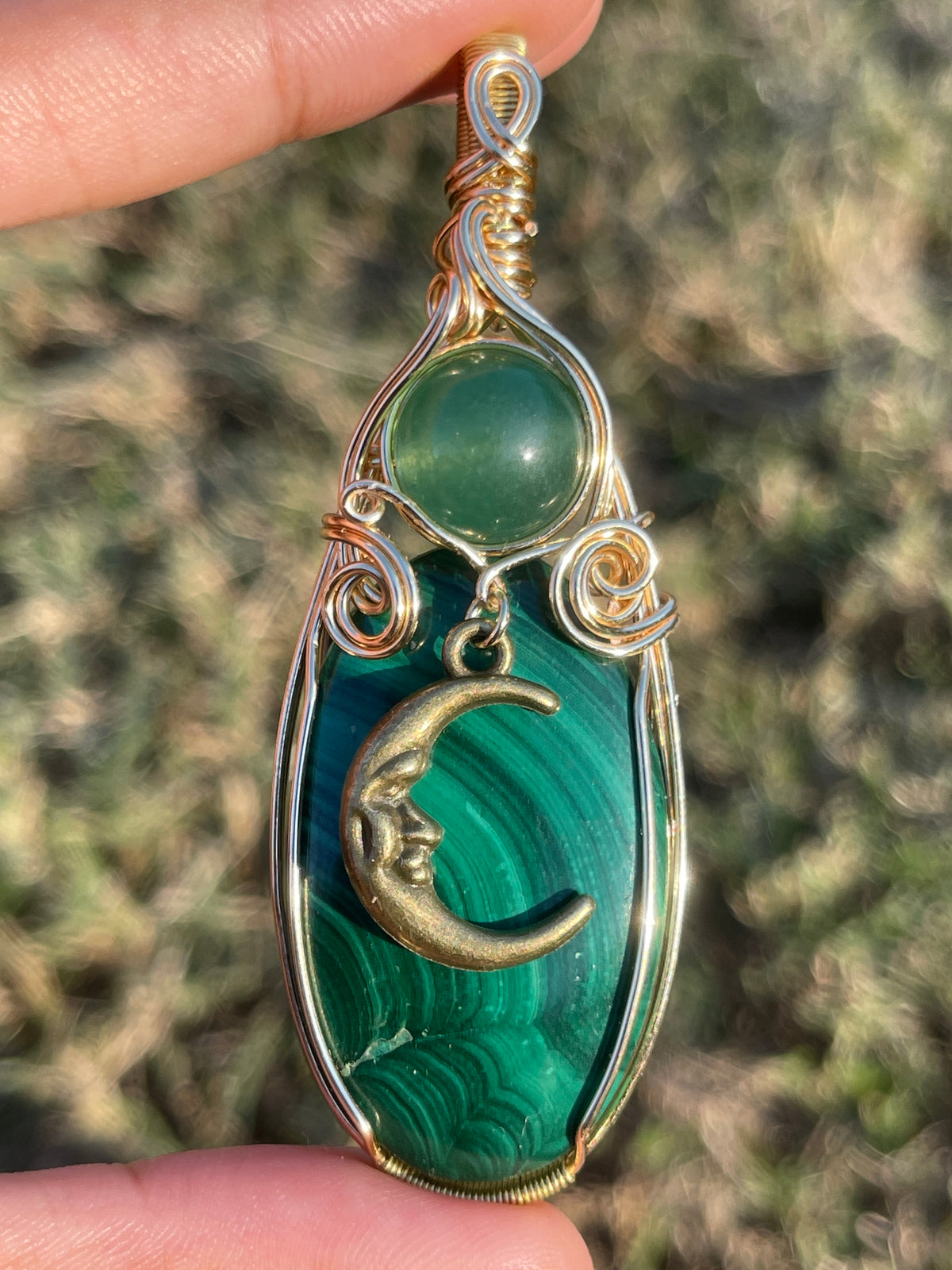 Malachite + Green Aventurine Moon Pendant