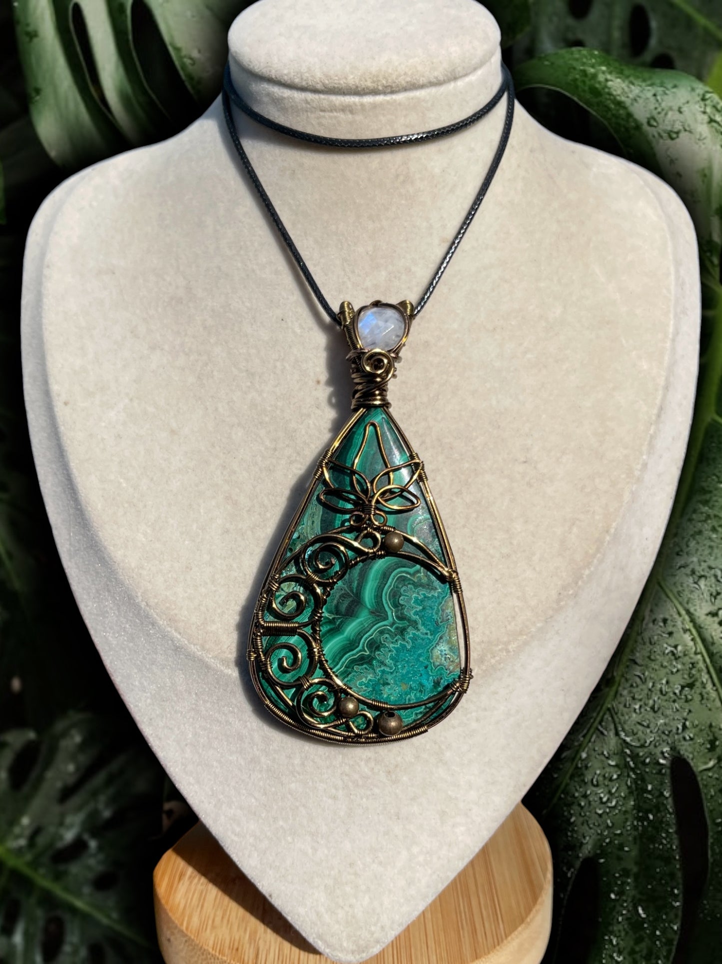 Large Malachite + Moonstone Crescent Moon Pendant