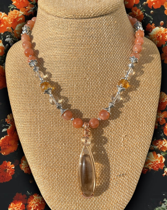 Phoenix • Smokey Quartz, Peach Moonstone, Citrine + Rose Quartz Necklace