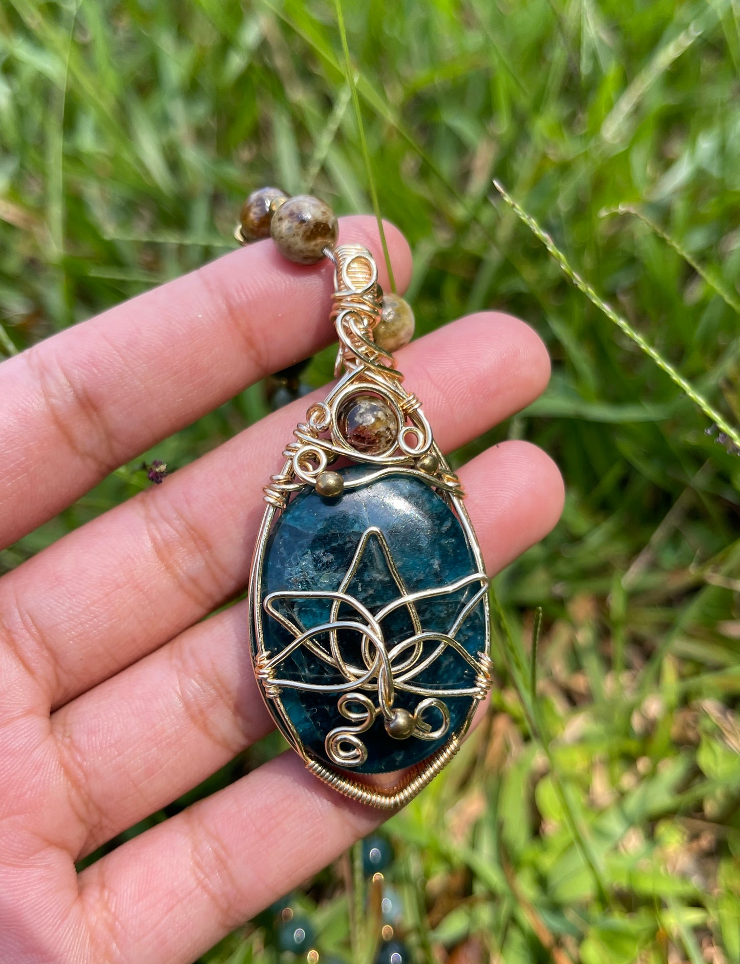 Aven • Green Garnet, Blue Apatite, Fluorite + Chinese Jade Lotus Flower Necklace