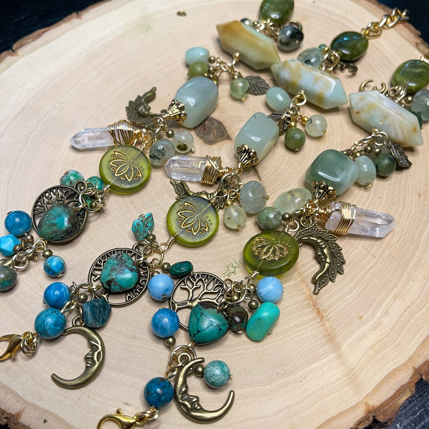 February • Mako Island 🌿 Jade, Prehnite, Turquoise, Larimar, Blue Apatite + Quartz Charm Bracelet