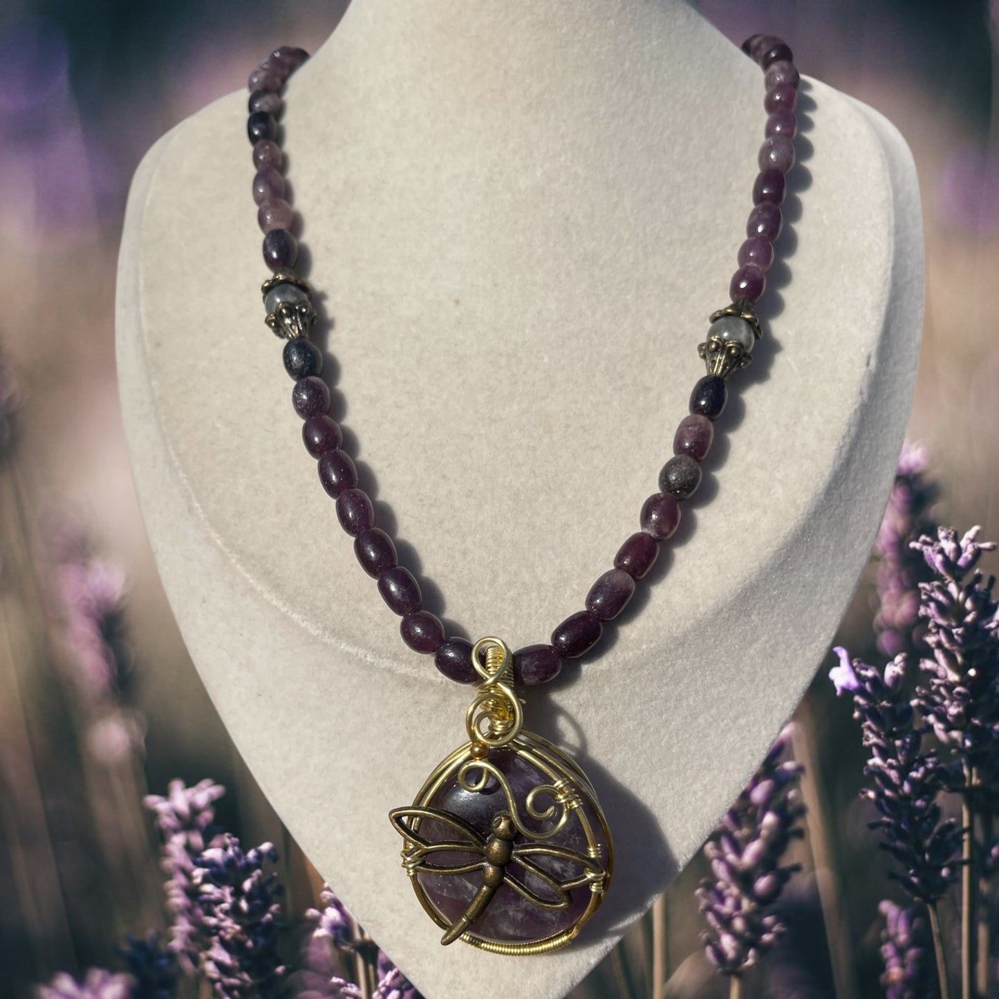 Mina • Lepidolite + Amethyst Dragonfly Necklace