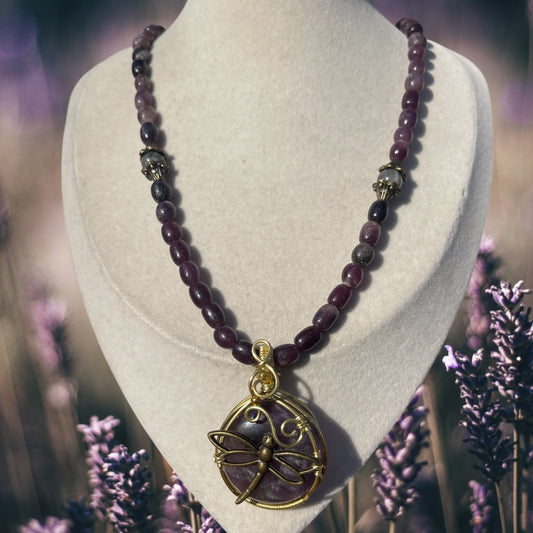Mina • Lepidolite + Amethyst Dragonfly Necklace