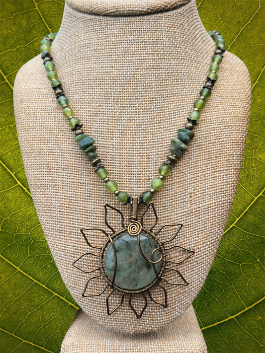 Grounded Moment • Prehnite, Jade + Green Garnet Flower Necklace