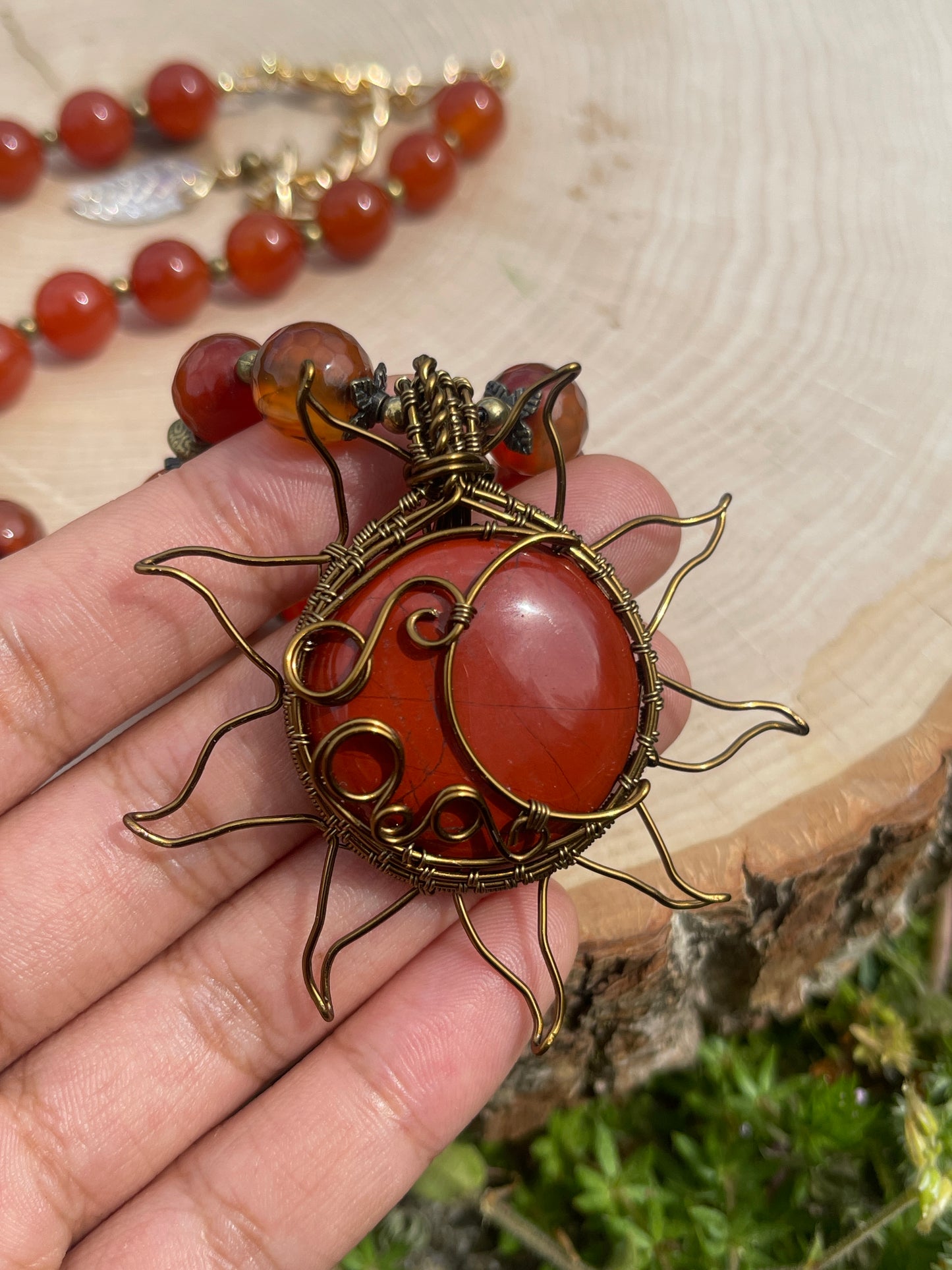 10mm Red Jasper, Carnelian + Amber Sun and Moon Necklace