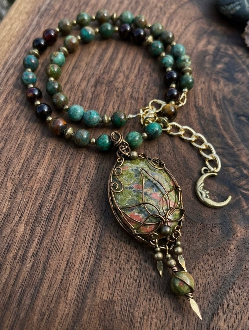 Amaris • Unakite, Shattuckite, Tigers Eye + Hessonite Garnet Necklace