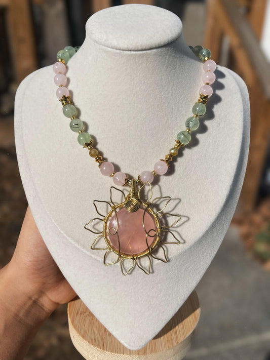 Custom Slots: 2 available! Rose Quartz + Prehnite flower necklace 🌸