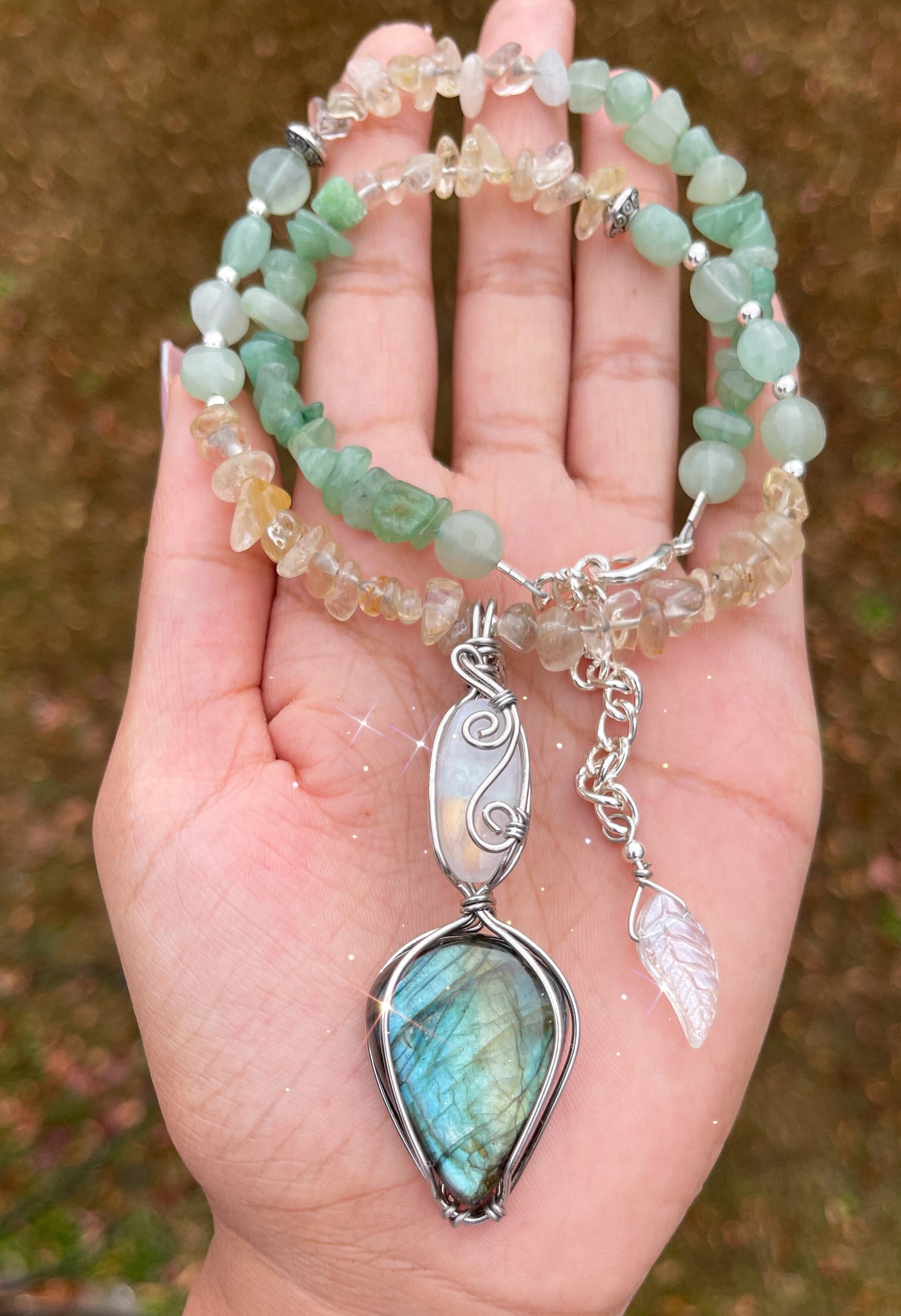 Rayna • Labradorite, Moonstone, Rutilated Quartz + Green Aventurine Necklace