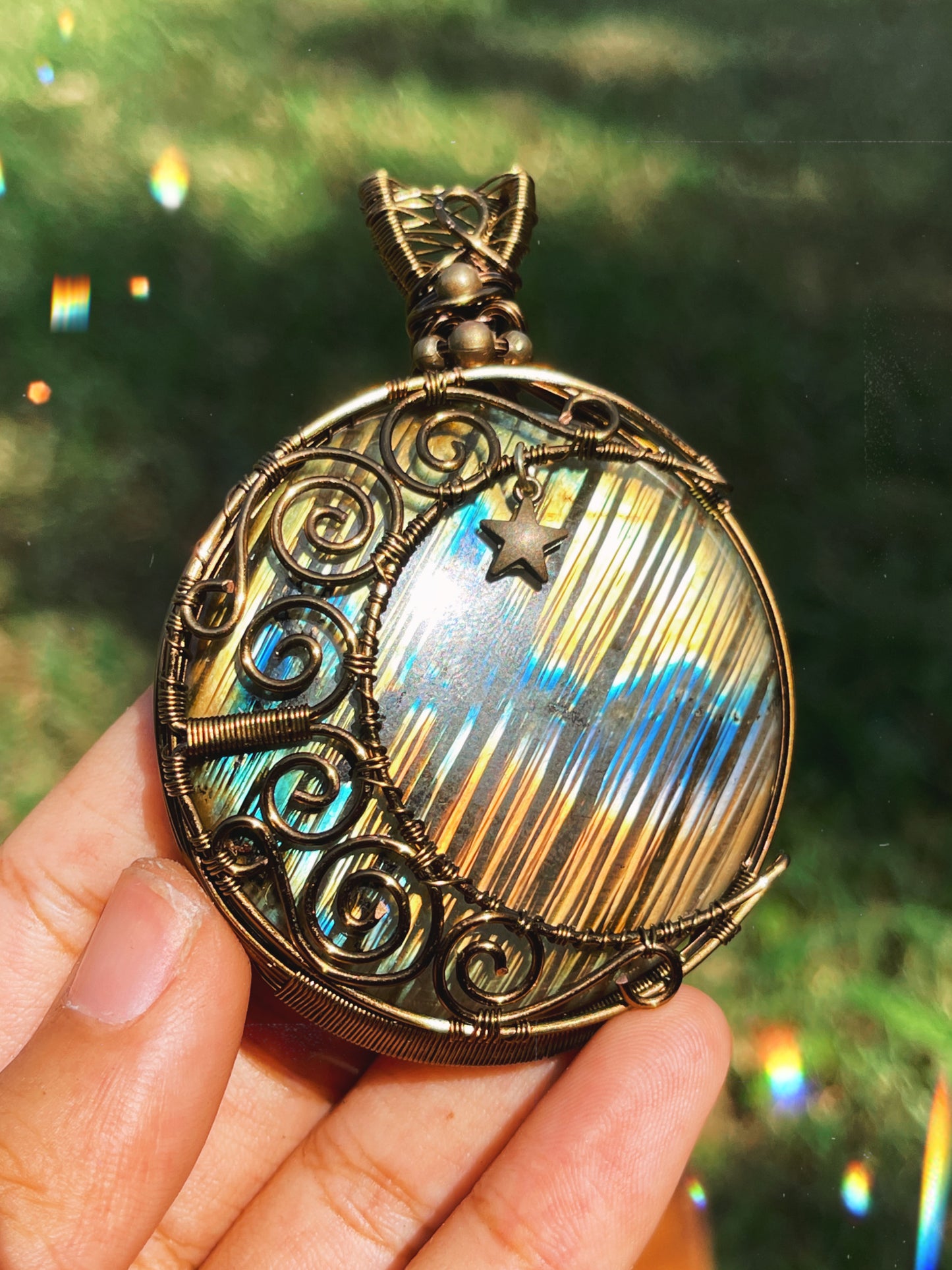 Large Round Labradorite Crescent Moon Pendant