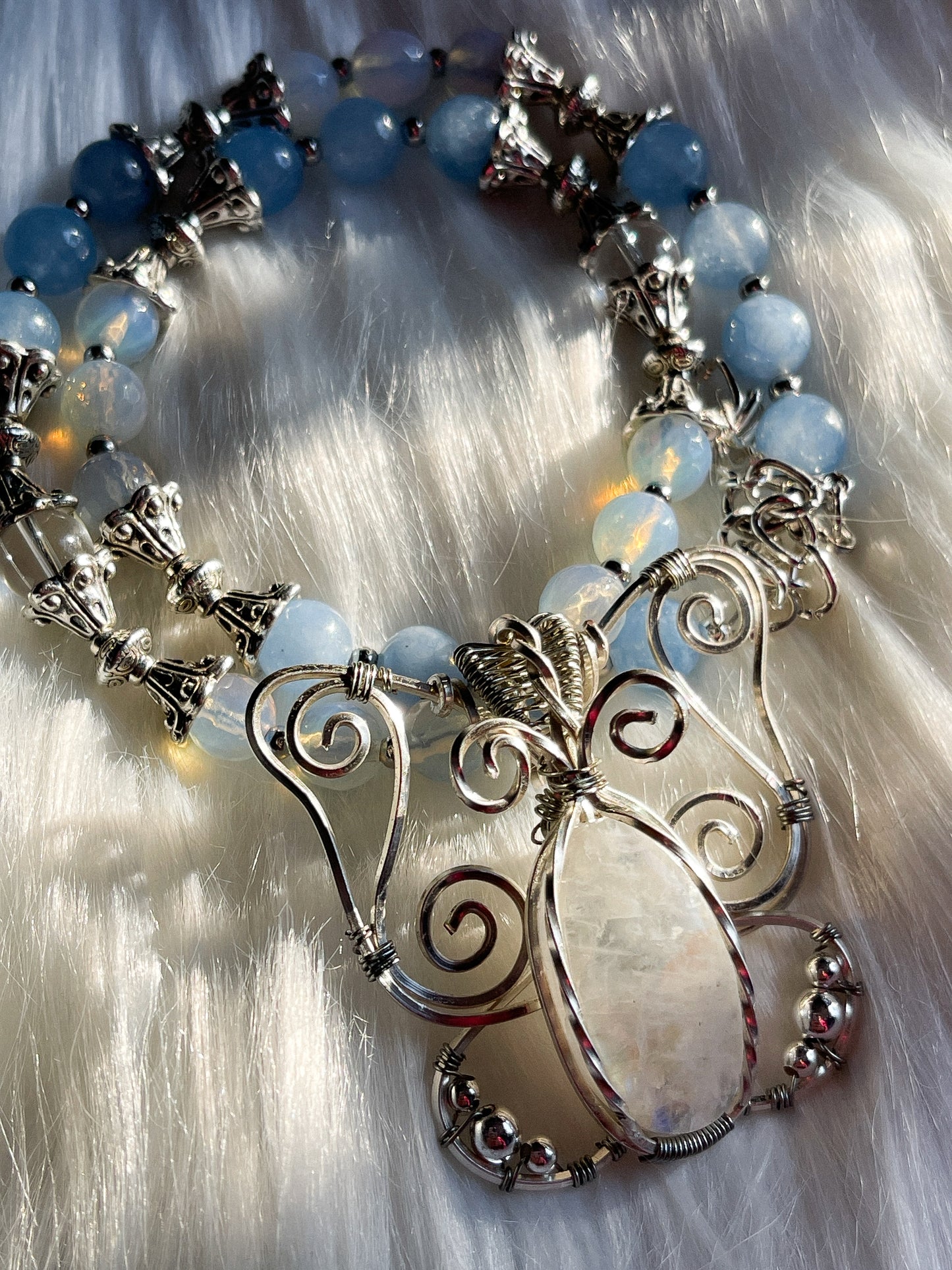 Moonstone, Opalite + Aquamarine Jade Butterfly Necklace