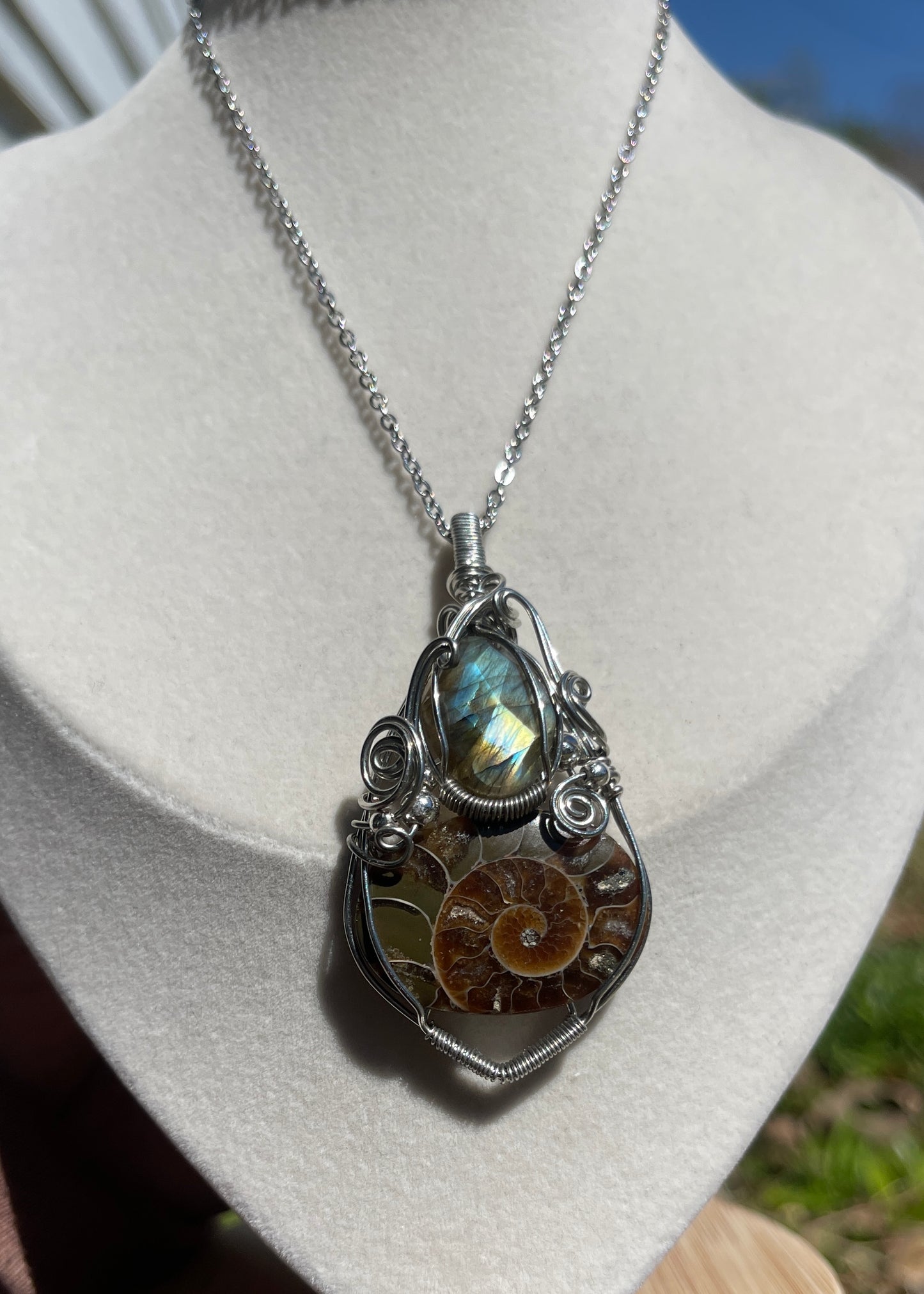Faceted Labradorite + Ammonite Pendant