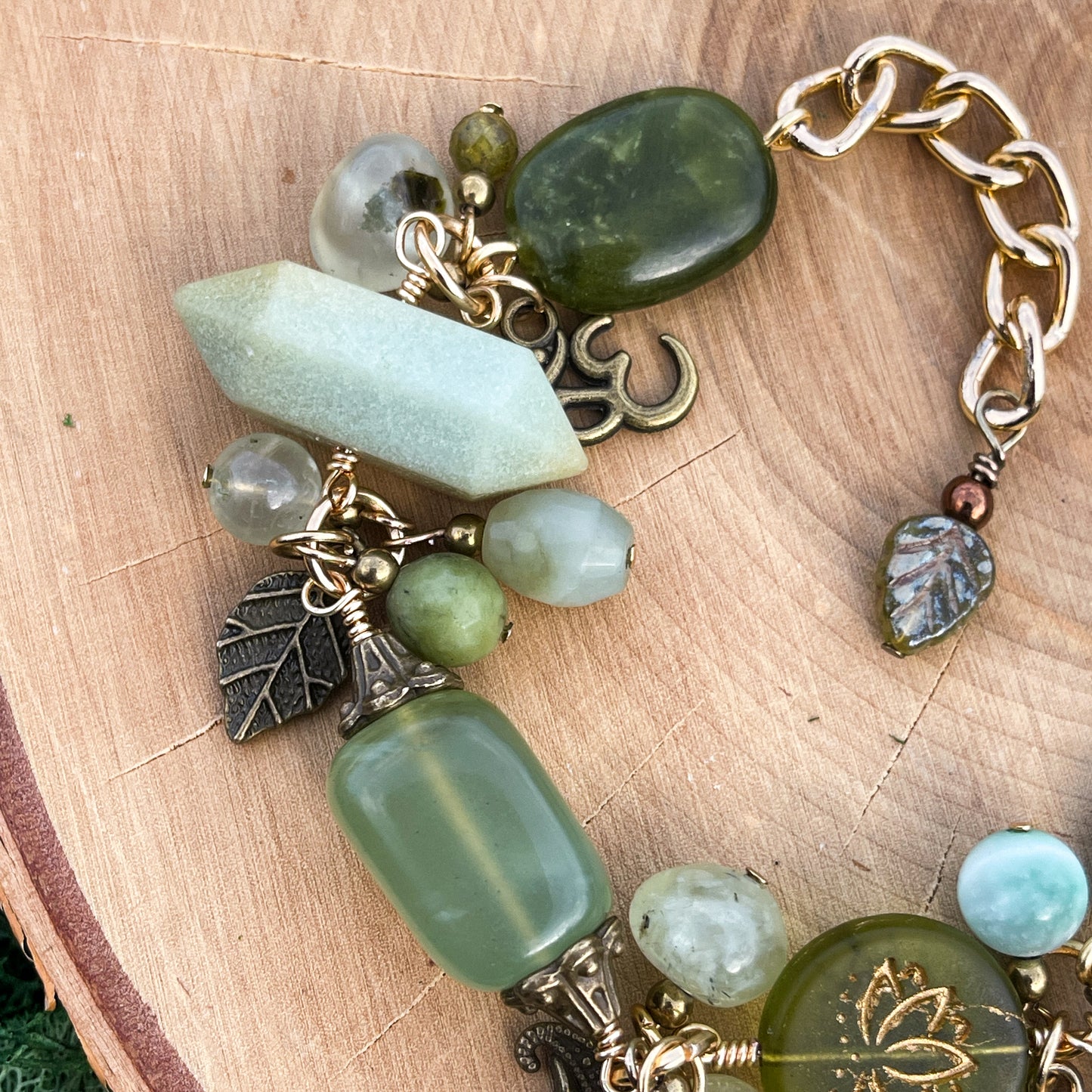 February • Mako Island 🌿 Jade, Prehnite, Turquoise, Larimar, Blue Apatite + Quartz Charm Bracelet
