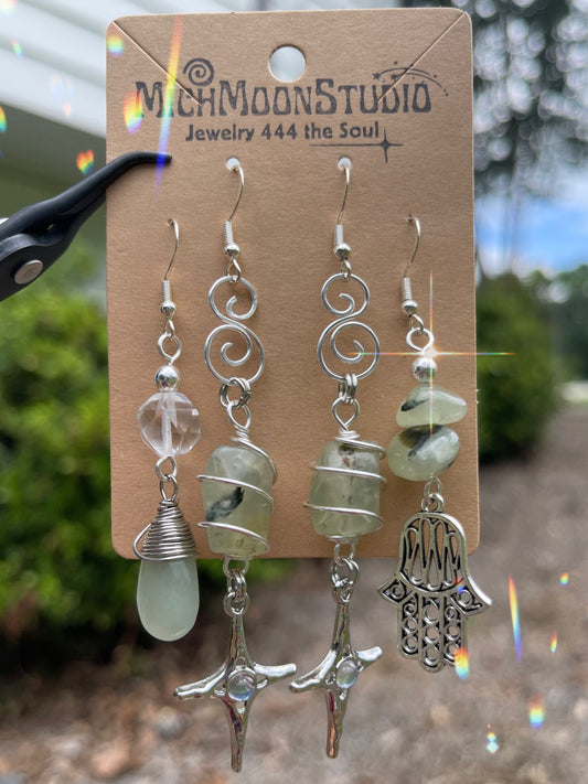 Prehnite + Clear Quartz Earrings Set