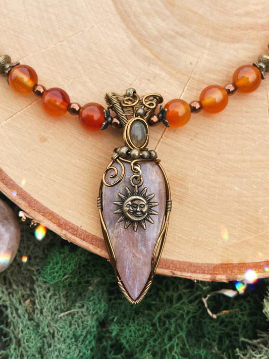 Solmara • Belmorite Moonstone, Labradorite + Orange Agate Necklace