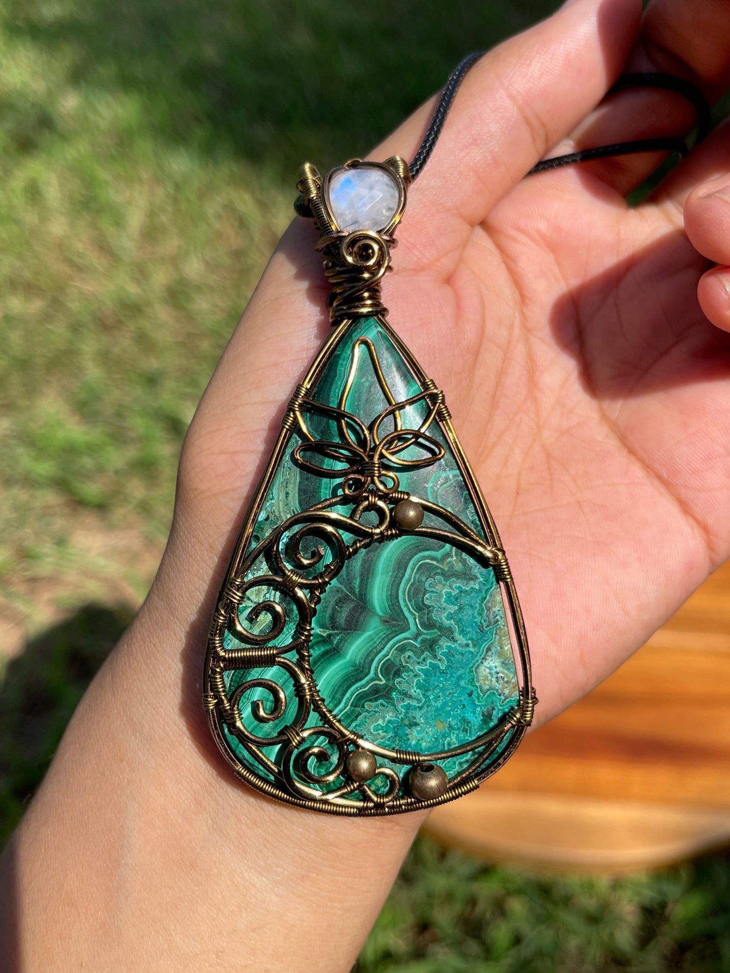 Large Malachite + Moonstone Crescent Moon Pendant