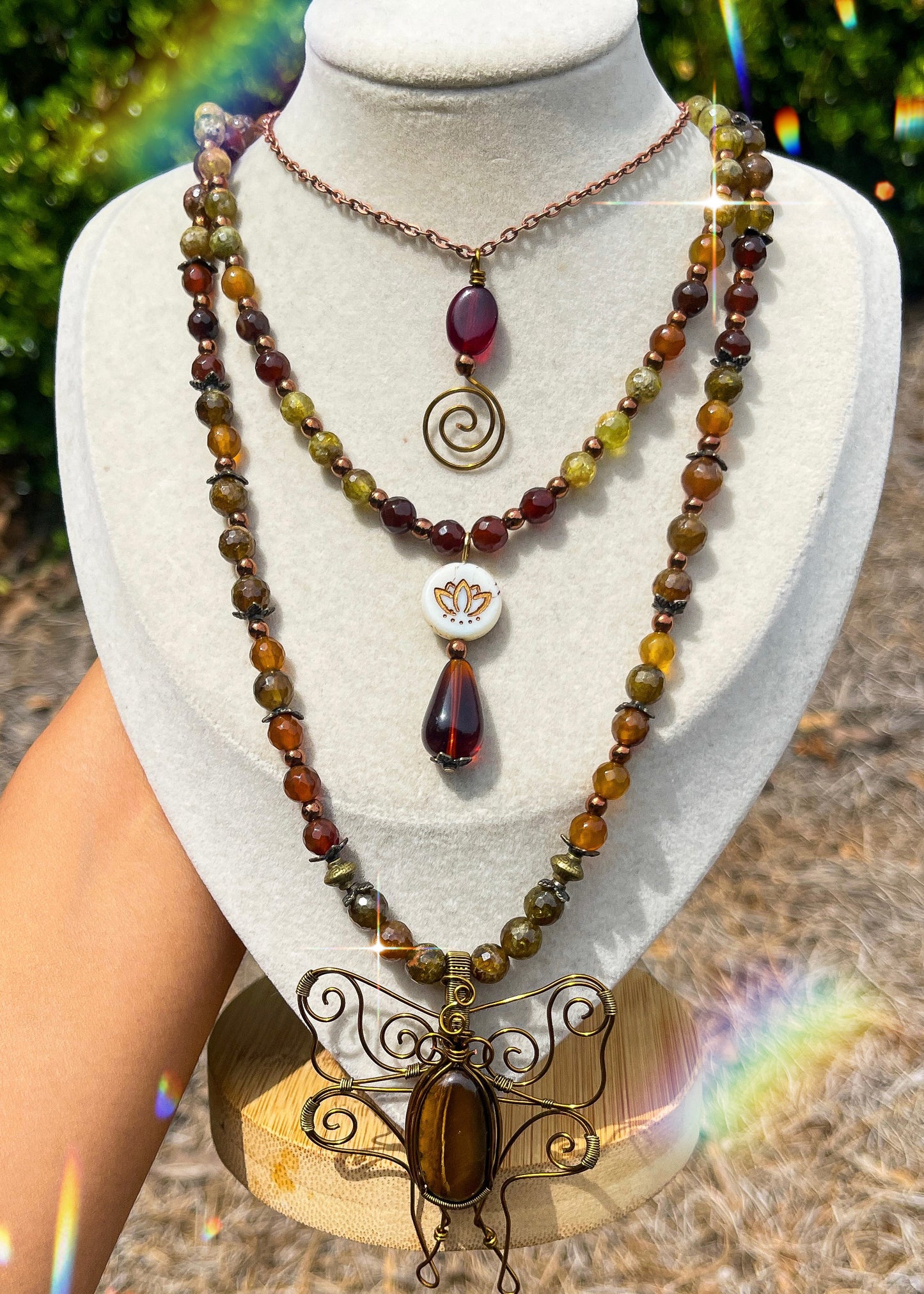 Sierra • Honey Agate + Green Garnet Luna Moth 3-Stack