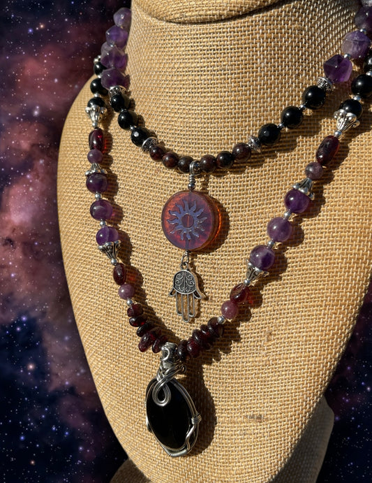 the Dark Matter Set • Black Onyx, Goldsheen Obsidian, Garnet + Fluorite