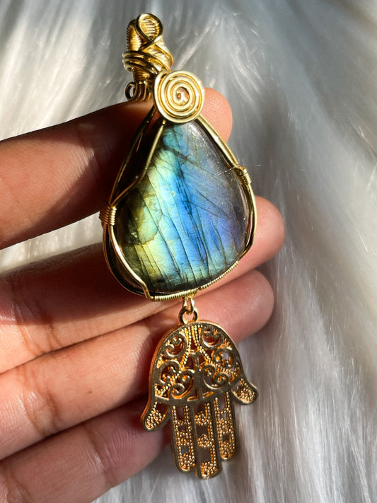 Labradorite Pendant w Hamsa Hand Charm