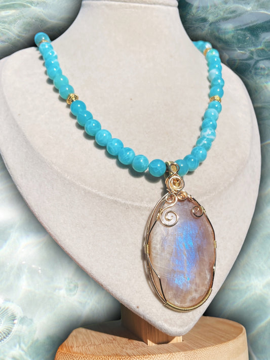 Belmorite Moonstone + AA Larimar Necklace