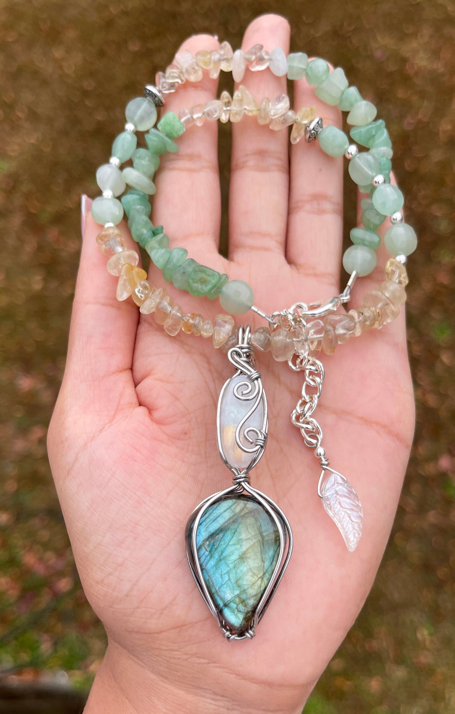 Rayna • Labradorite, Moonstone, Rutilated Quartz + Green Aventurine Necklace