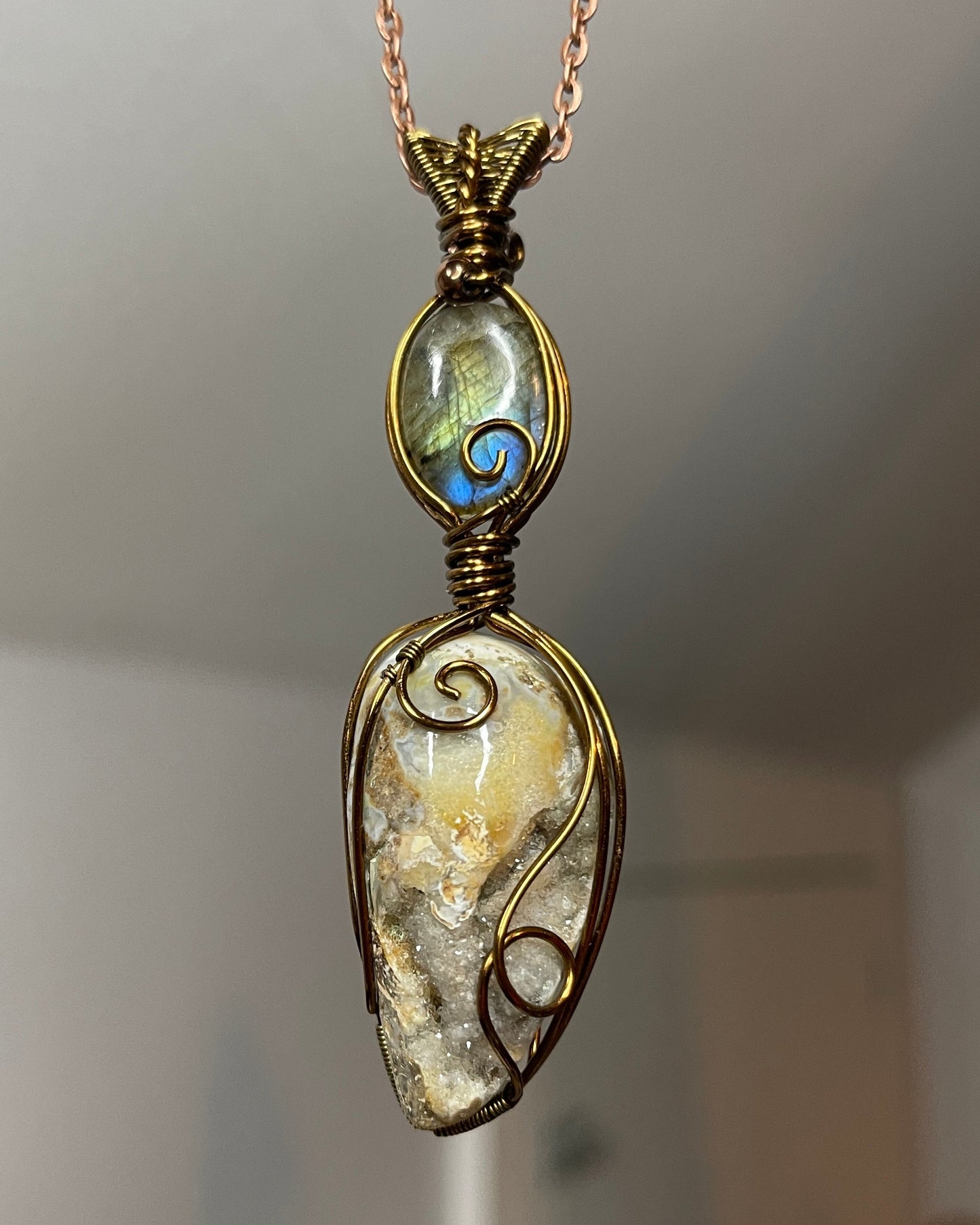 Druzy Seashell + Labradorite Pendant