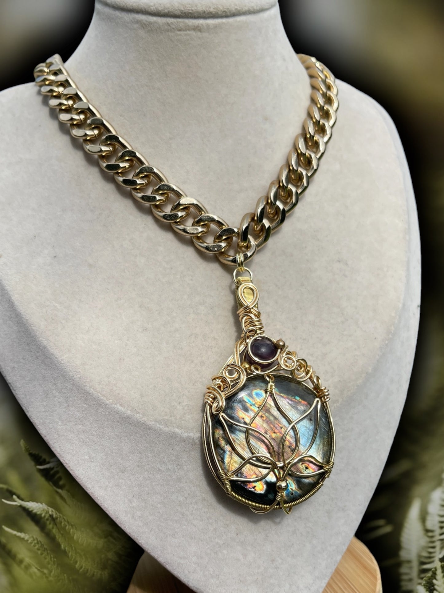 Venus • Spectrolite Lotus Flower Cuban Link Chain Necklace