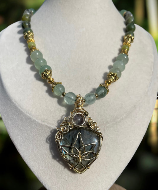 Fallyn • Labradorite, Fluorite, Jade + Mossy Agate Lotus Flower Necklace