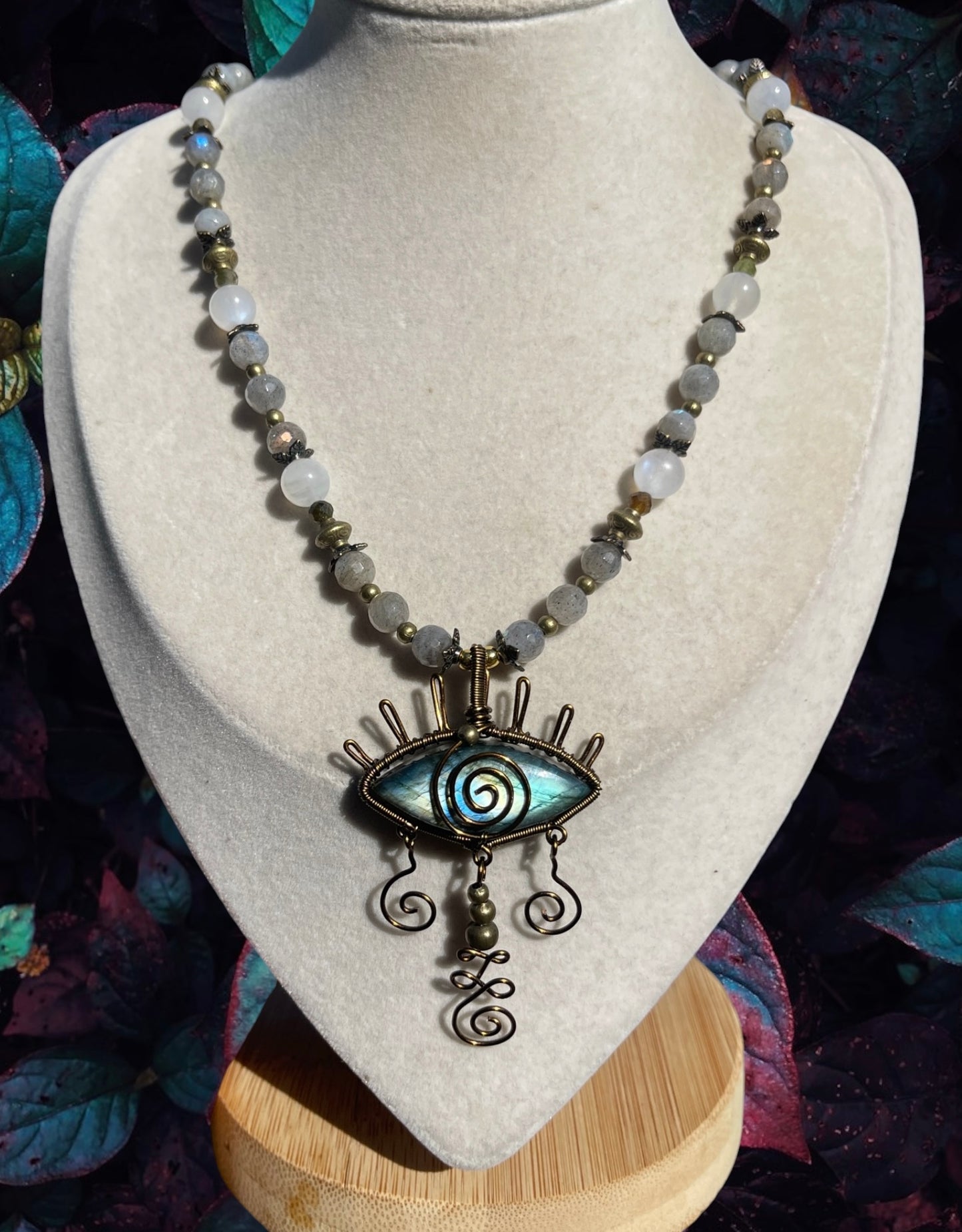 Labradorite, Moonstone + Green Garnet Eye Necklace