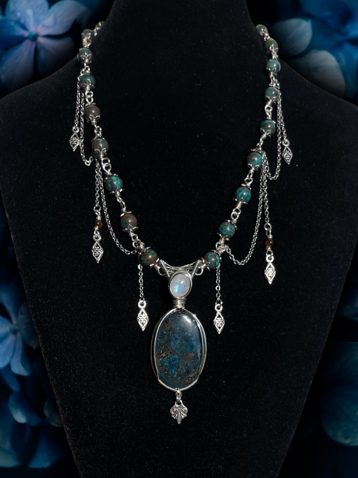 Ophelia • Chrysocolla + Moonstone Chandelier Necklace