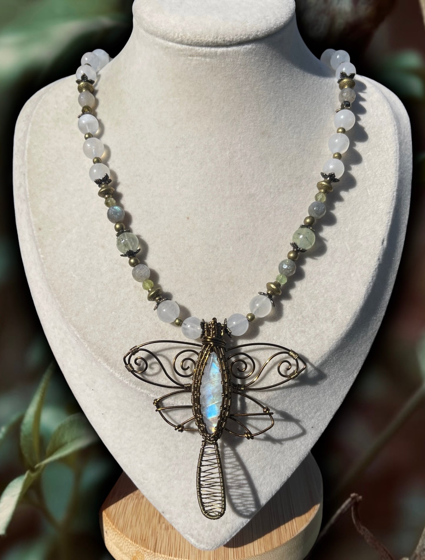 Moonstone, Prehnite, Labradorite + Green Garnet Dragonfly