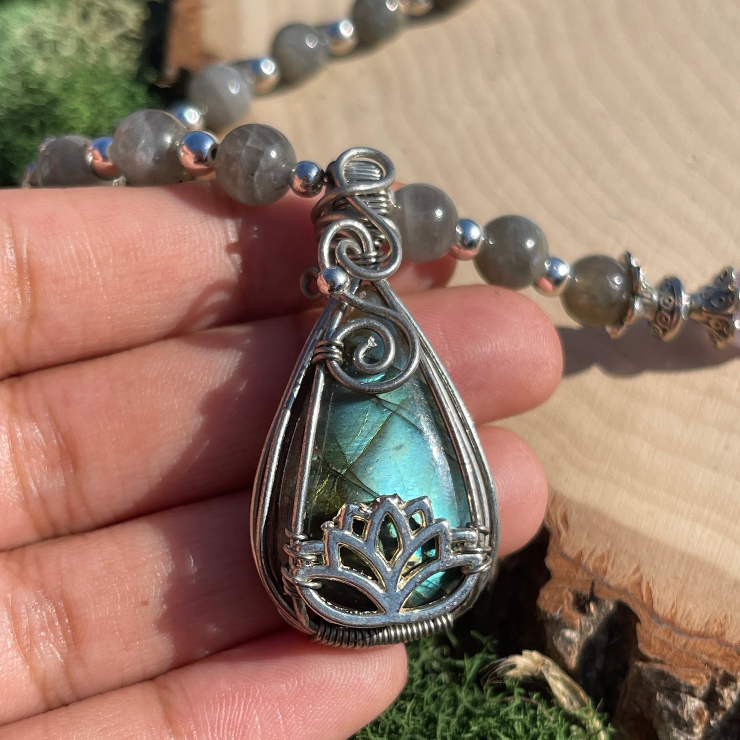 Shanti • Labradorite Lotus Flower Necklace