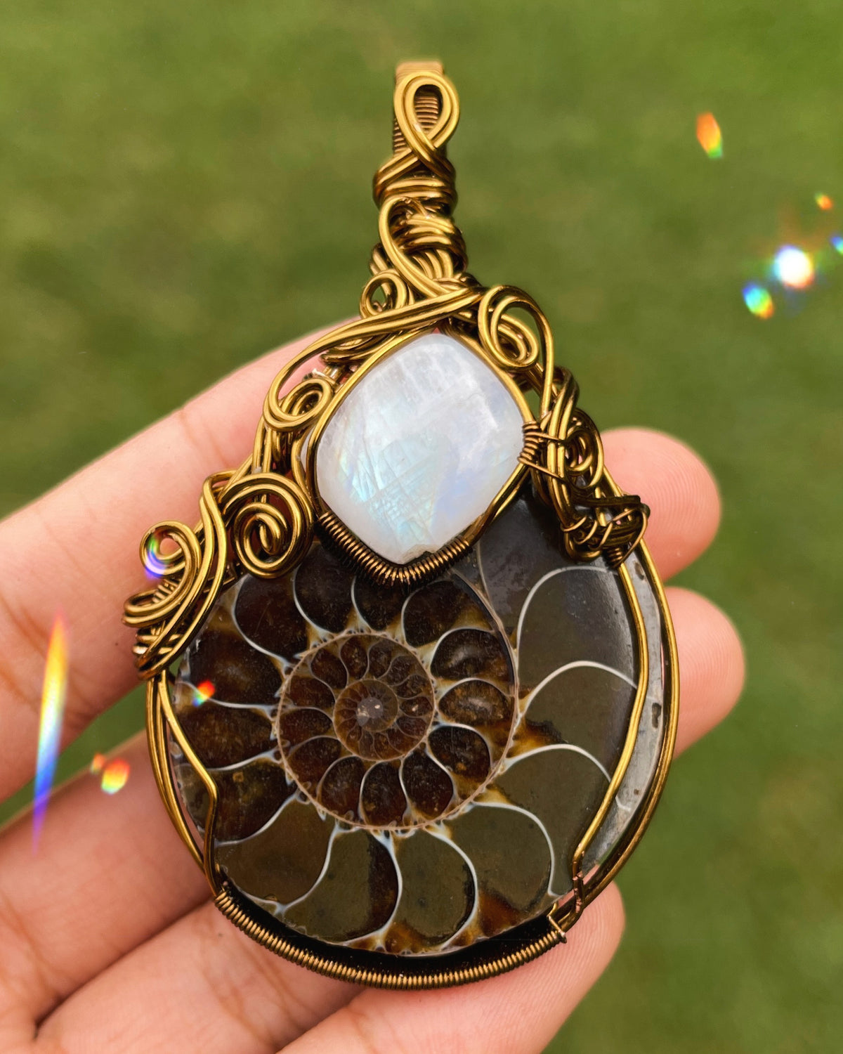 Riley • Ammonite Fossil + Moonstone Pendant