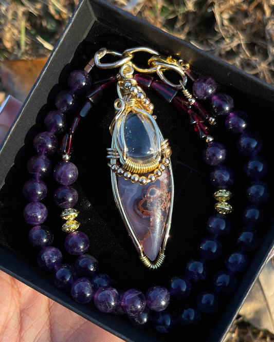 Solstice • Purple Sakura Agate, Amethyst + Clear Quartz Necklace