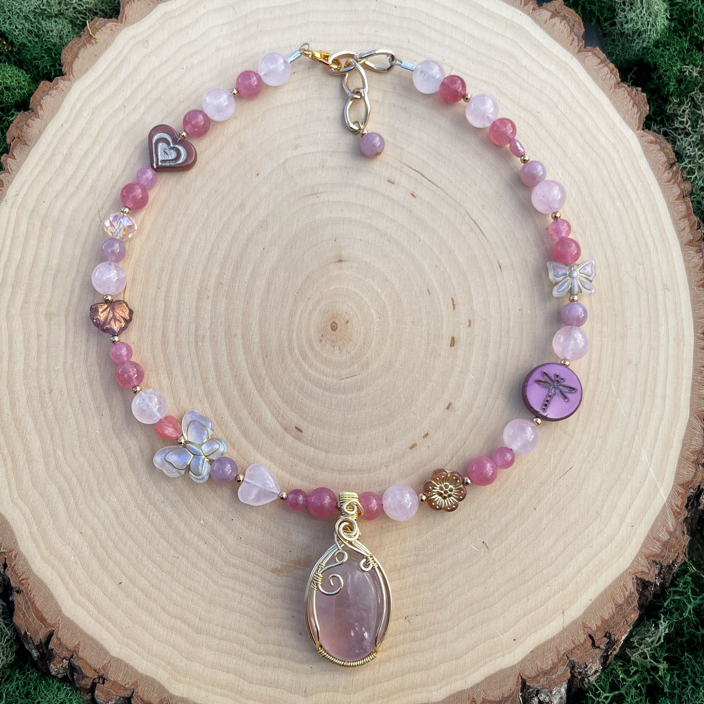 Tinsel • Czech Glass, Strawberry + Rose Quartz Candy Necklace