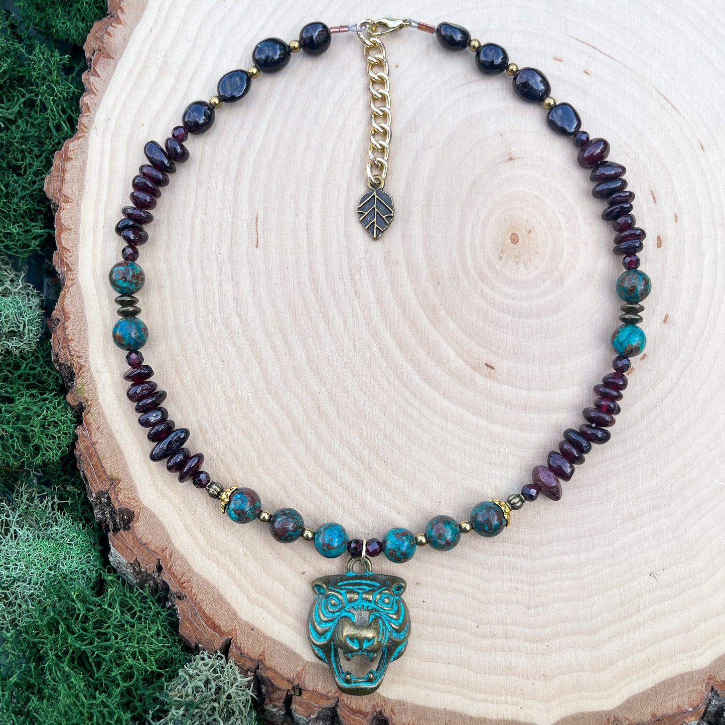 Chrysocolla + Garnet Antique Tiger Necklace
