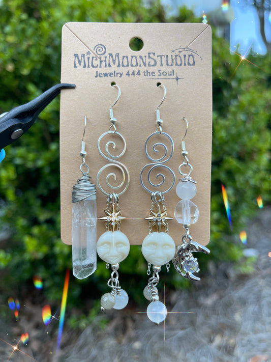 New Moon Earrings Set • Moonstone, Labradorite + Quartz