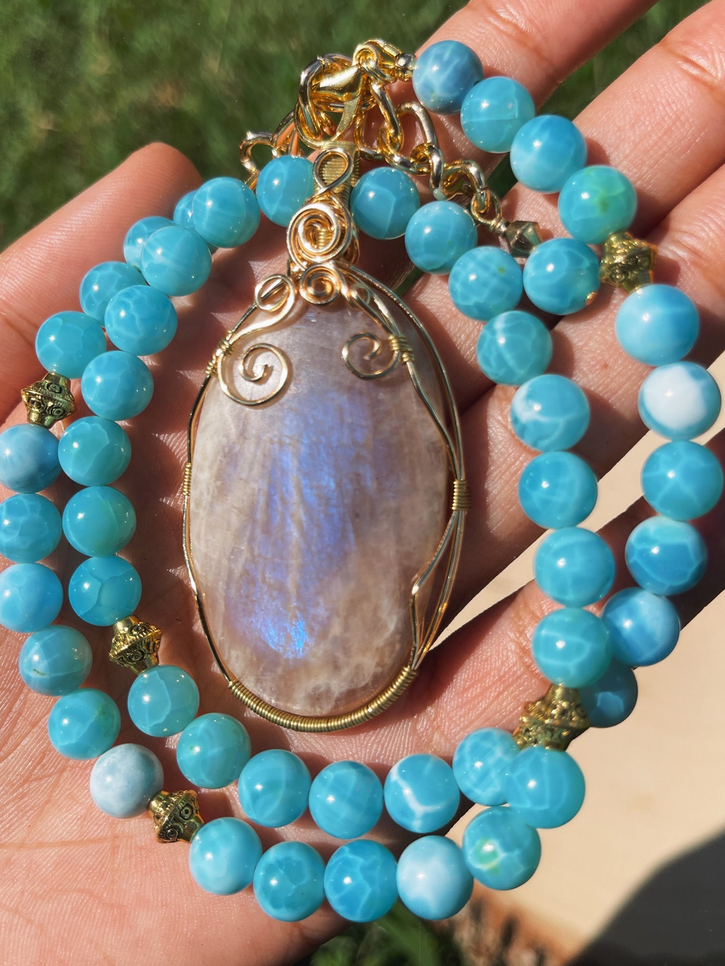 Belmorite Moonstone + AA Larimar Necklace