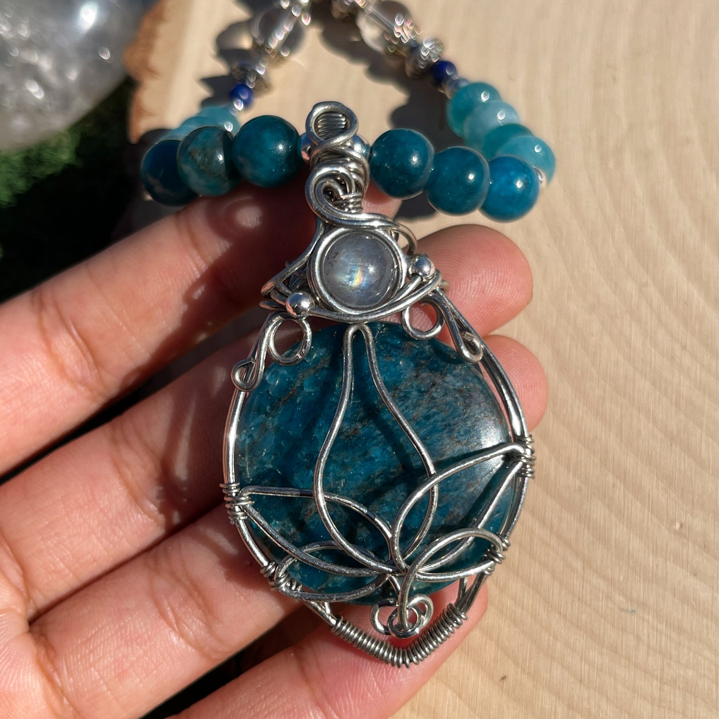 Blue Apatite + Labradorite Lotus Flower Necklace