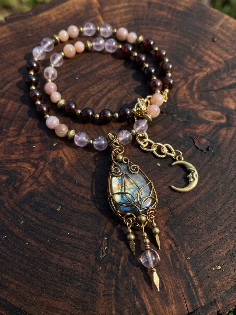 Amaya • Labradorite, Peach Moonstone, Garnet + Lilac Amethyst