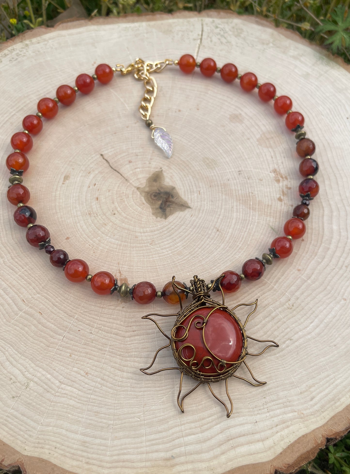 10mm Red Jasper, Carnelian + Amber Sun and Moon Necklace