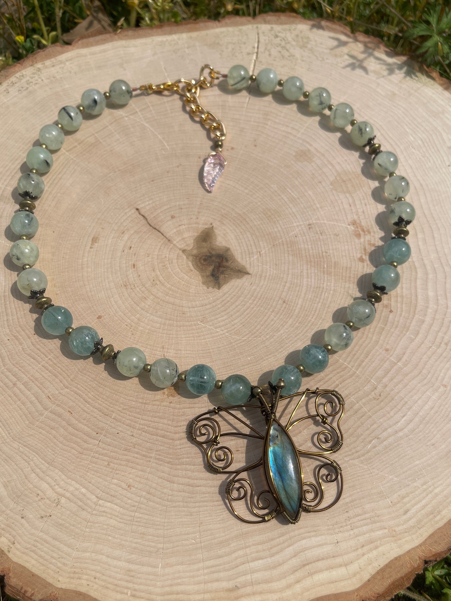 10mm Aquamarine, Prehnite + Labradorite Butterfly Necklace