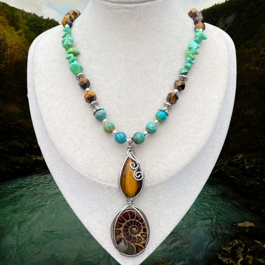 Waverly • Ammonite, Turquoise + Tiger’s Eye Necklace