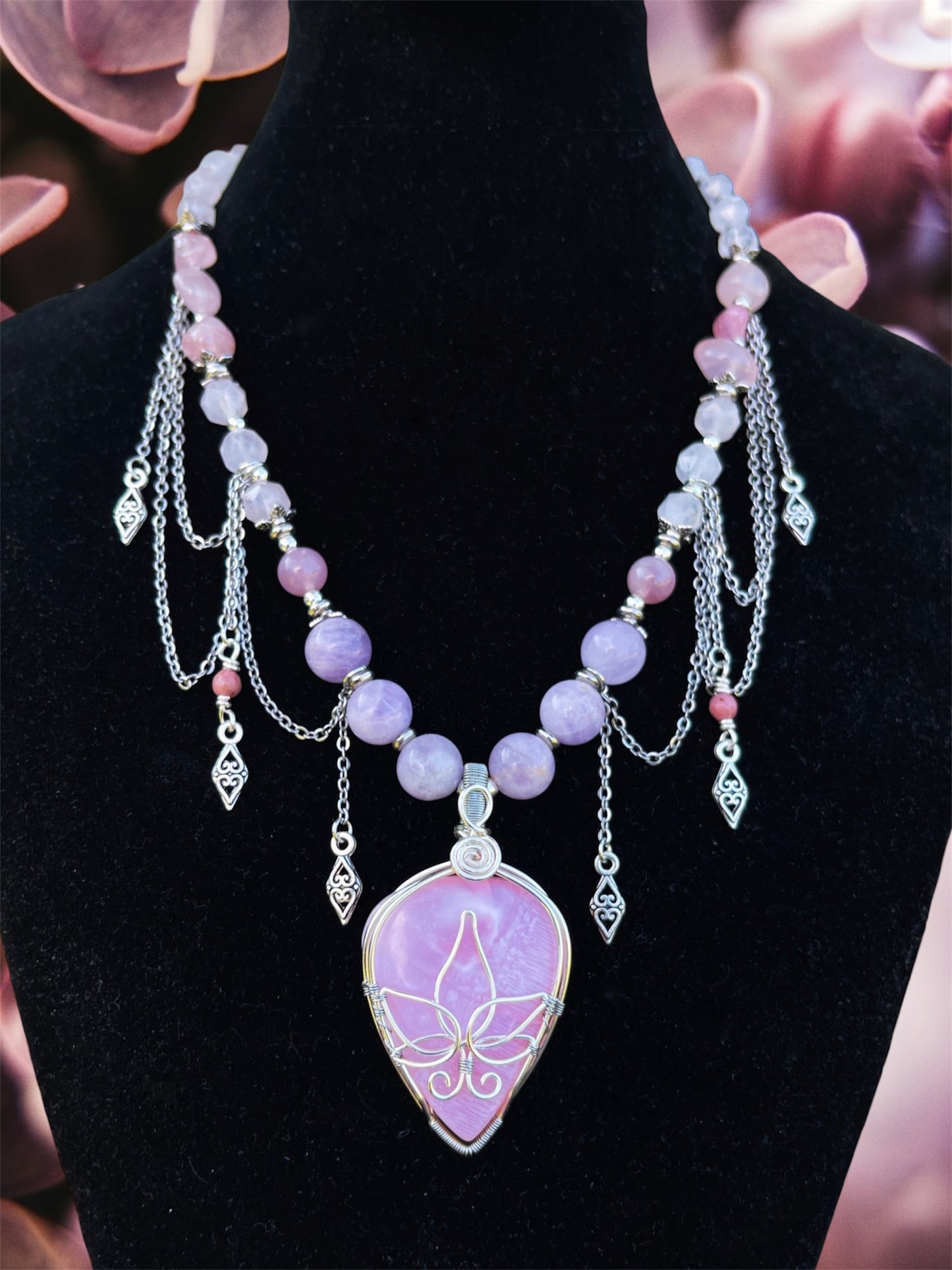 Moonlit Lotus • Pink Opal + Rose Quartz Chandelier Necklace