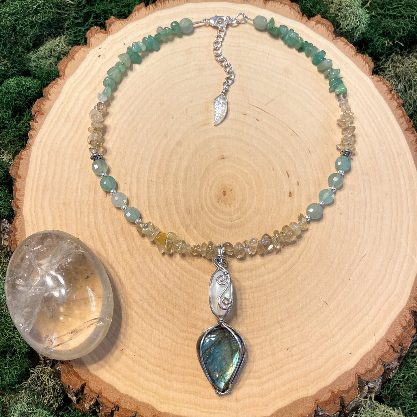 Rayna • Labradorite, Moonstone, Rutilated Quartz + Green Aventurine Necklace