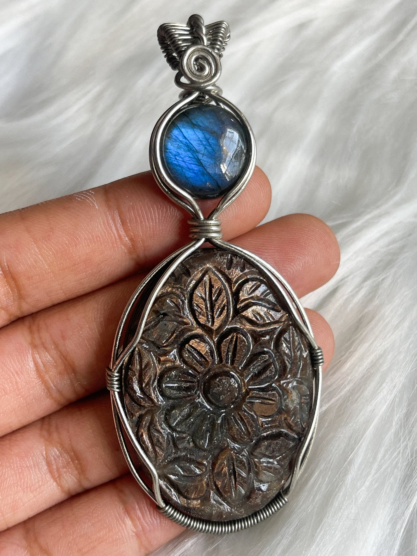 Labradorite + Carved Goldsheen Obsidian Pendant