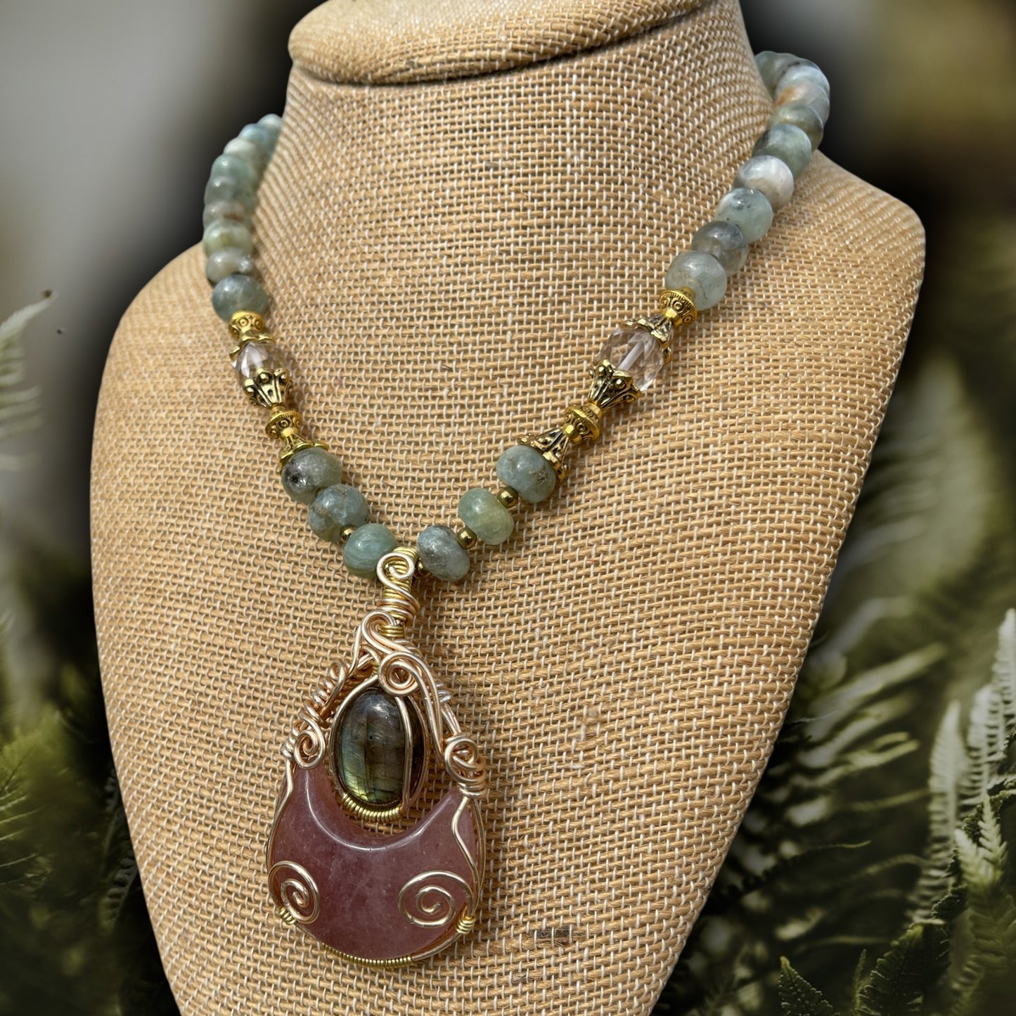 Aquamarine, Labradorite + Strawberry Quartz Necklace