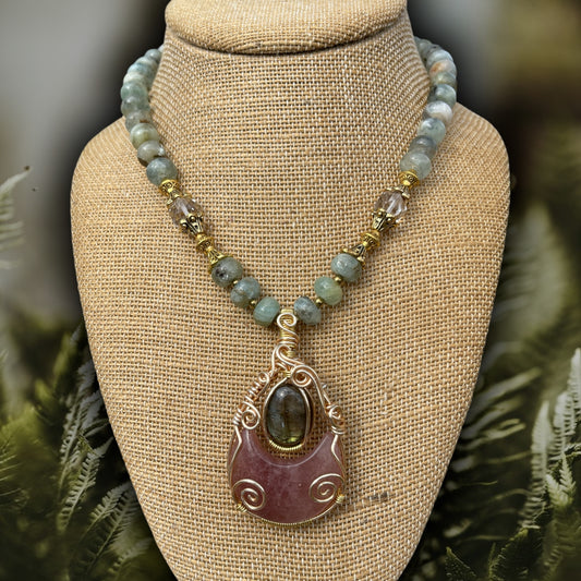 Aquamarine, Labradorite + Strawberry Quartz Necklace
